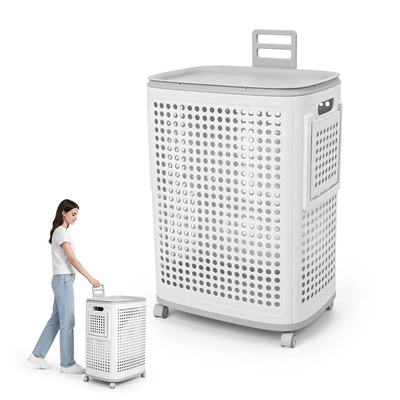 Rolling Laundry Hamper with Lid, Large Plastic Clothes Basket with 2 Side Storage Pockets, Mobile Dirty Clothes Bin for Bathroom