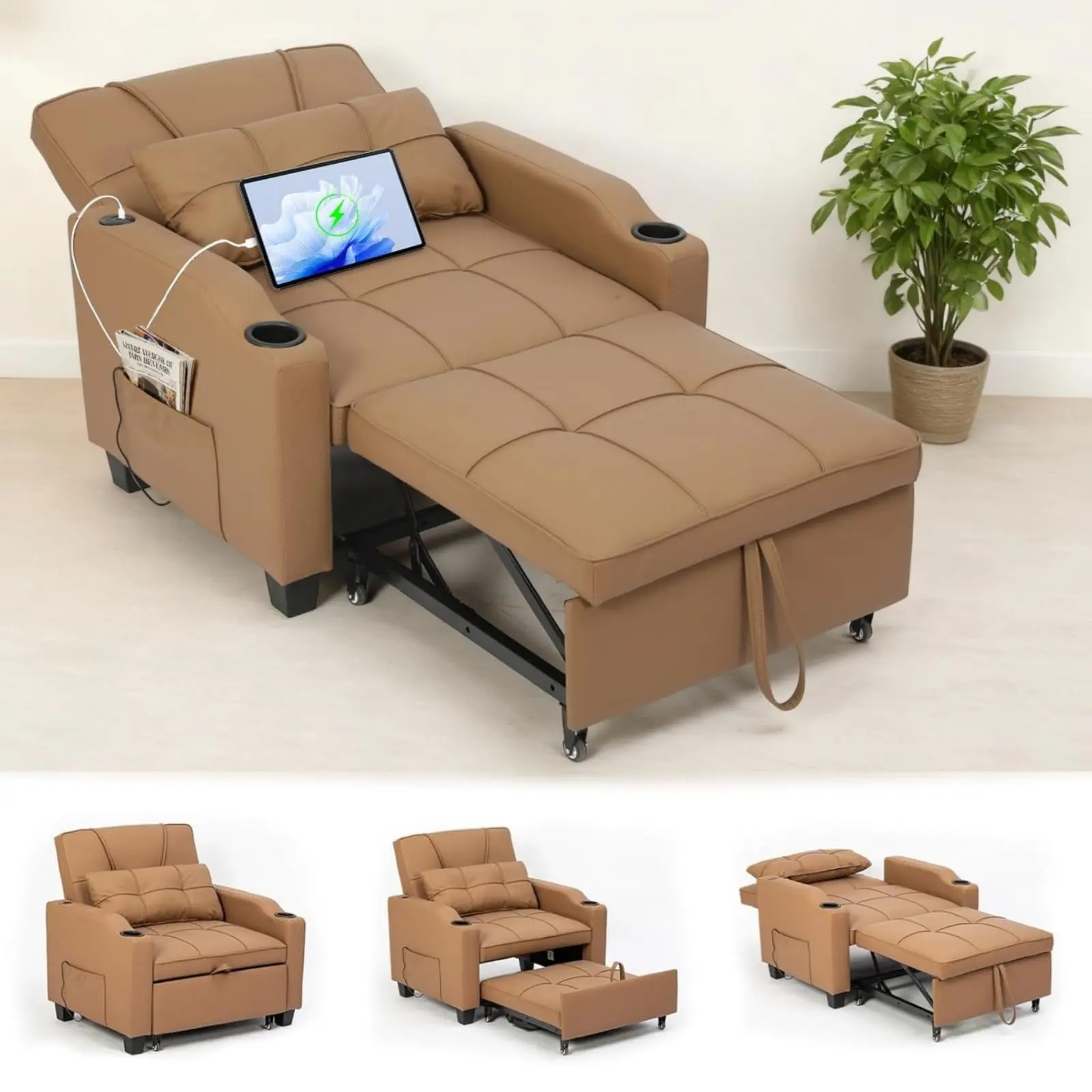 Brown 4-in-1 Foldable Sofa Bed Armchair - Convertible Sleeper Chair for Bedroom, Adjustable Chaise Lounge, Durable Seating, Vibration Massage Lumbar Pillow, USB/Type-C Port, Cup Holders, Side Pocket for Small Spaces, Sleeping, Pu Leather, Steel, Ergonomic