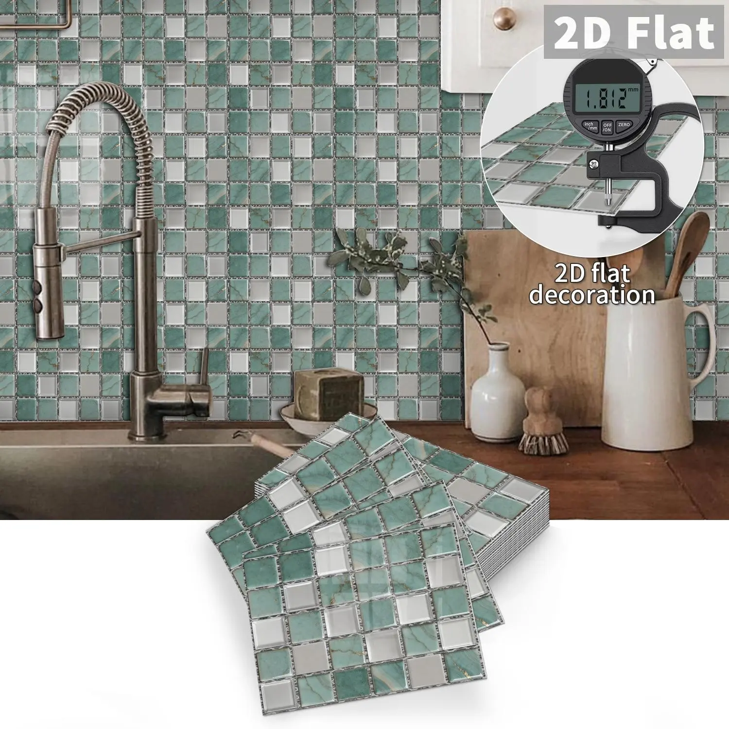 10 PCS/Box GST Teal & Gray Marble Mosaic Style PE Crystal Foam Tile Stickers, Waterproof Oil-Proof Anti-Collision, Self-Adhesive Wall Decals for Kitchen, Bathroom, Ceiling, Tiles & Old Wood Boards