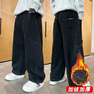 New2025 New Kids Jeans for Boys, Fleece-Lined Straight Leg Pants, Loose Fit School Wear,  Junior High Student Outfits, Warm Denim Trousers, Fashionable Children's Bottoms, Boys' jeans Spring and Autumn new children's Korean version pants(Gift)11
