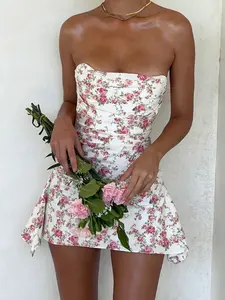 Women's Ditsy Floral Print Ruched Backless Tube Dress, Elegant Zipper Back Strapless Sleeveless Bodycon Dress, Sundress, Dresses for Women, Ladies Dress for Beach Holiday, Womenswear