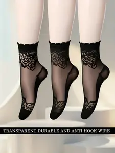 3 Pairs Women's Lace Anklet Socks, Knitted Socks, Ruffled Sleeve Design, Glass Fiber Material, Anti-Pull Vintage Style, Comfortable & Stylish Footwear, Socks Set
