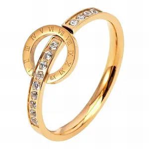 Eterna 18K Gold Plated Steel Roman Numeral Ring with Cubic Zirconia Everyday Elegance Hypoallergenic Waterproof Jewelry