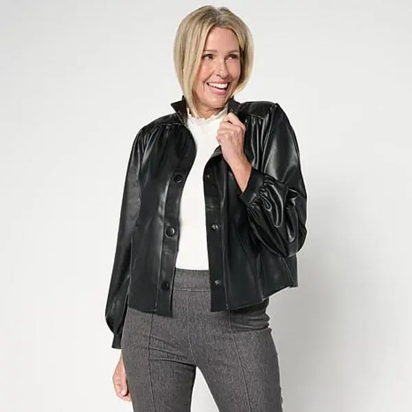 Christian Siriano C Wonder by Christian Siriano Faux Leather Puff Sleeve Cropped Jacket