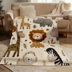 [Safari Animals Blanket] 1pc Soft Cute Safari Animals Print Flannel Blanket - Lightweight Cozy All-Season Throw for Sofa, Bed, Office & Travel, Retro Style Mixed Colors with Giraffe, Lion, Rhino & Zebra Design, Wearable Blanket, Bed Comfort Accessory