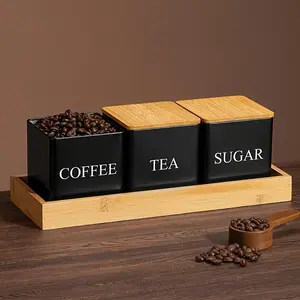3-piece black and white storage jar set, canister metal containers for coffee beans, sugar, and tea, kitchen utensils, durable multi-purpose storage box, Coffee Storage Canisters