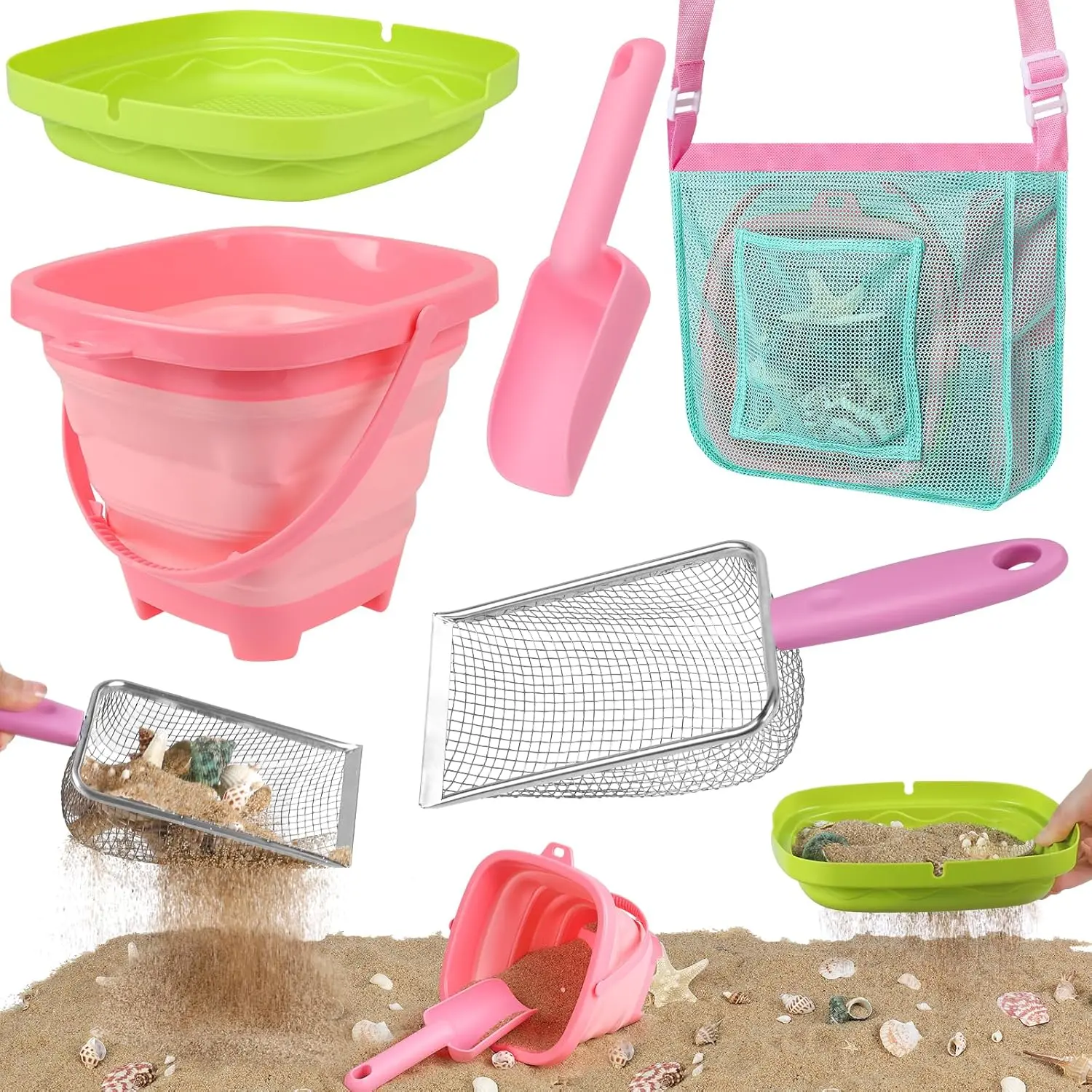 P-TBT077   Beach Toys, Sand Toys with Collapsible Beach Bucket, Sand Sifter, Beach Mesh Shovel, Shark Tooth Sifter and Mesh Bag for Shell Collecting, Sand Dipper Beach Scoop for Kids Adults Boys Girls