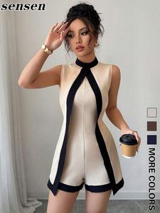 women's colorblock print, casual fashion chic mock neck top & jumpsuit for daily outdoor wear, women clothing for spring fall, overalls