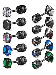 5 Pairs Dazzling Cz Stainless Steel Studs Earrings, Shining Earrings, Sparkling Zirconia, Timeless Design, Durable Construction, Men's Elegant Ear Jewelry, Earrings Set