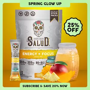 Salud 2-in-1 Energy Drink Powder + Focus  – Piña Mango Flavor – Agua Fresca Mix with 200mg Organic Caffeine, 350mg L-Theanine, Vitamins B6 & B12, Non-GMO, Gluten Free, 15 Servings - Dietary, Healthcare