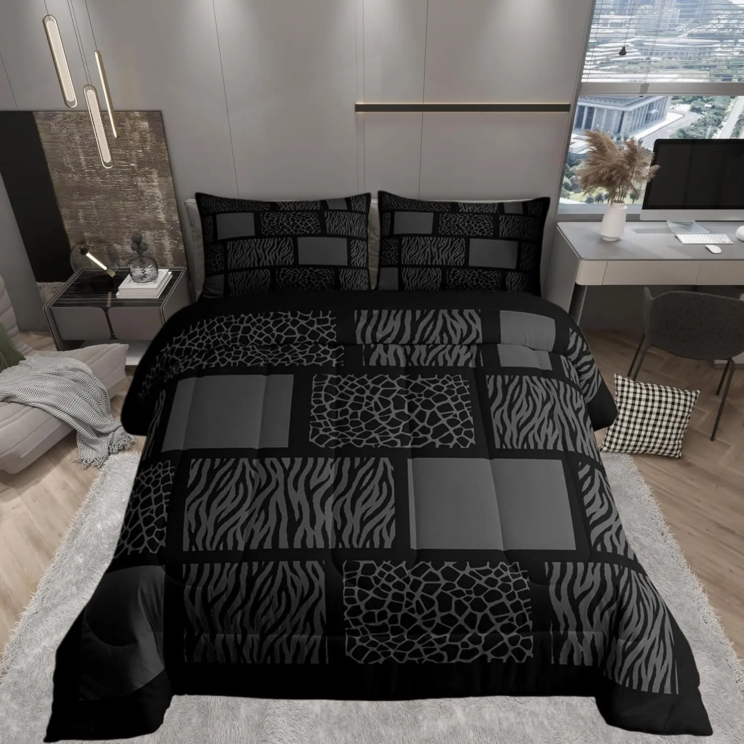 Wildlife Animals Fur Print Comforter Set,Leopard Cheetah Zebra Skin Bedding Set Modern Decor,Grey Black Patchwork Texture Comforter for All Seasons