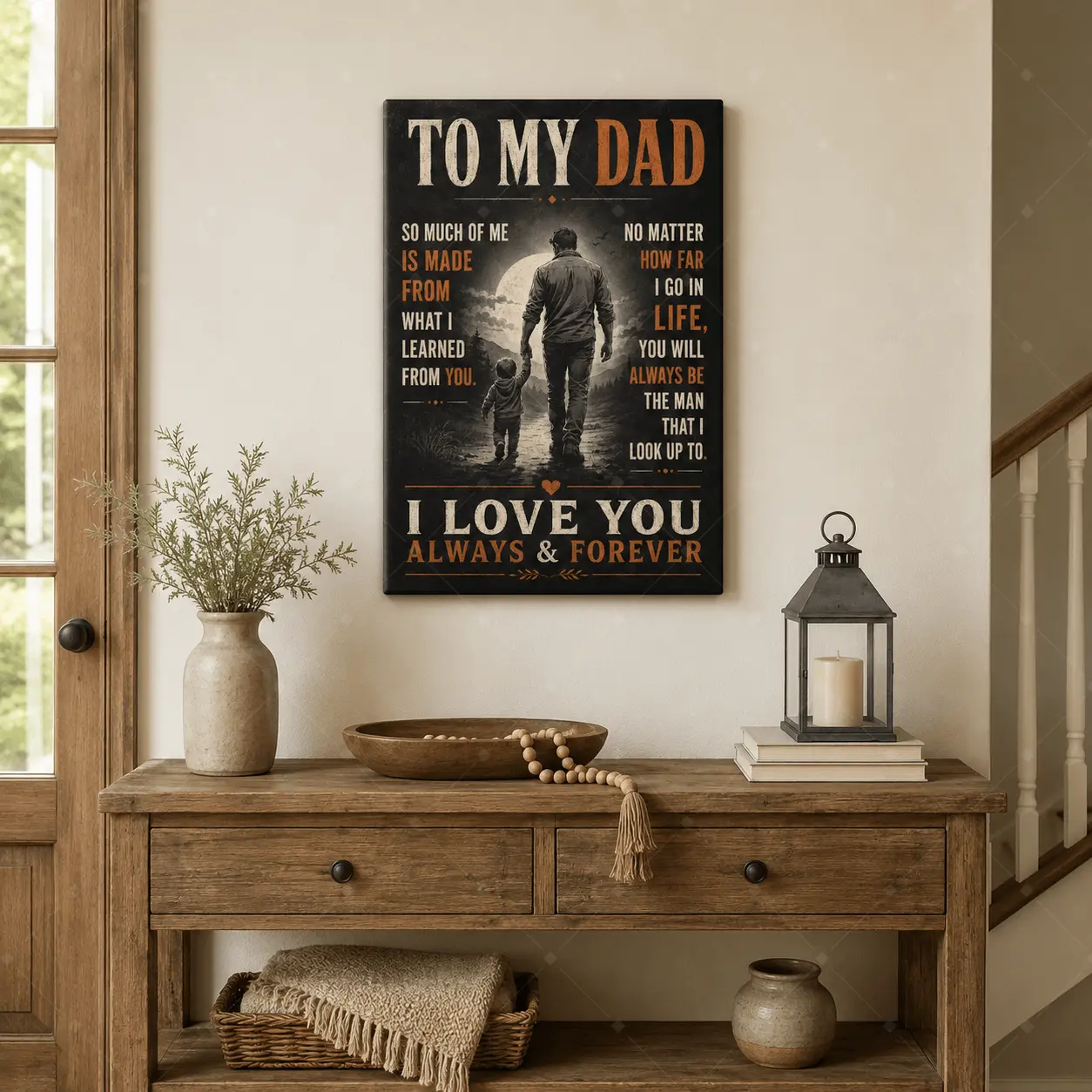 Waterproof Scratch-Resistant Unframed Artistic Wood Print "To My Dad" Father-Son Moonlit Wilderness Dark Vintage Vertical Canvas Wall Art, American Farmhouse Industrial Dad's Hand Graphic Wall Arts, Father’s Day Memorial Gift for Classroom & Room Decor