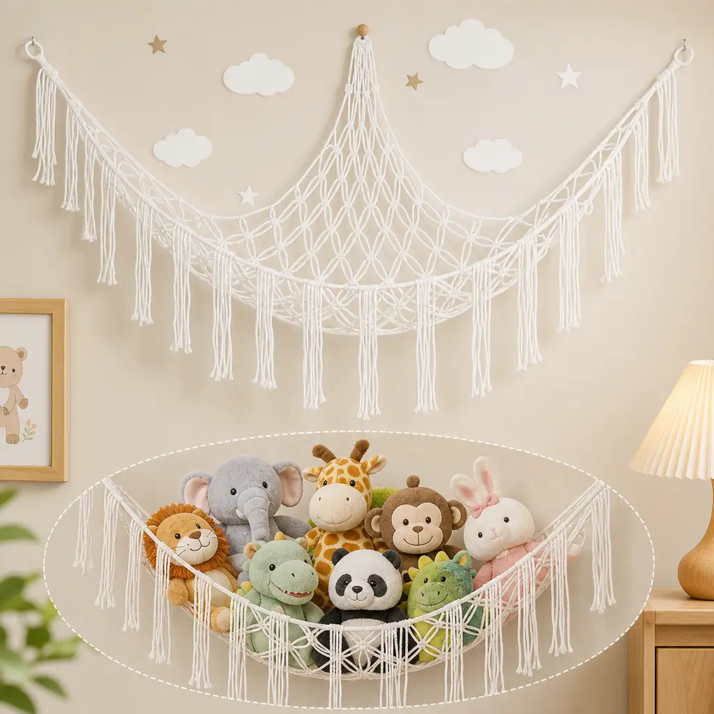 Cotton Stuffed Animal Hammock - 55in Hangable Boho Wall-Mount Organizer, Decorative Multi-Purpose Kids Room Corner Plush Toy Storage Solution for Nursery