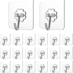 Adhesive Hooks for Hanging, 20 Pack Heavy Duty Wall Hooks, Removable Sticky Ceiling Hooks, Transparent Self Adhesive Shower Hooks, Water & Oil Proof Strong 22lb(Max) Door Coat Hooks