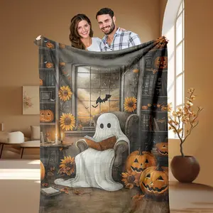 Modern Style Soft Blanket with Ghost Reading Pumpkin Print, Cozy Travel Sofa Bed Throw, Office Home Decor Gift, Unisex Halloween Design