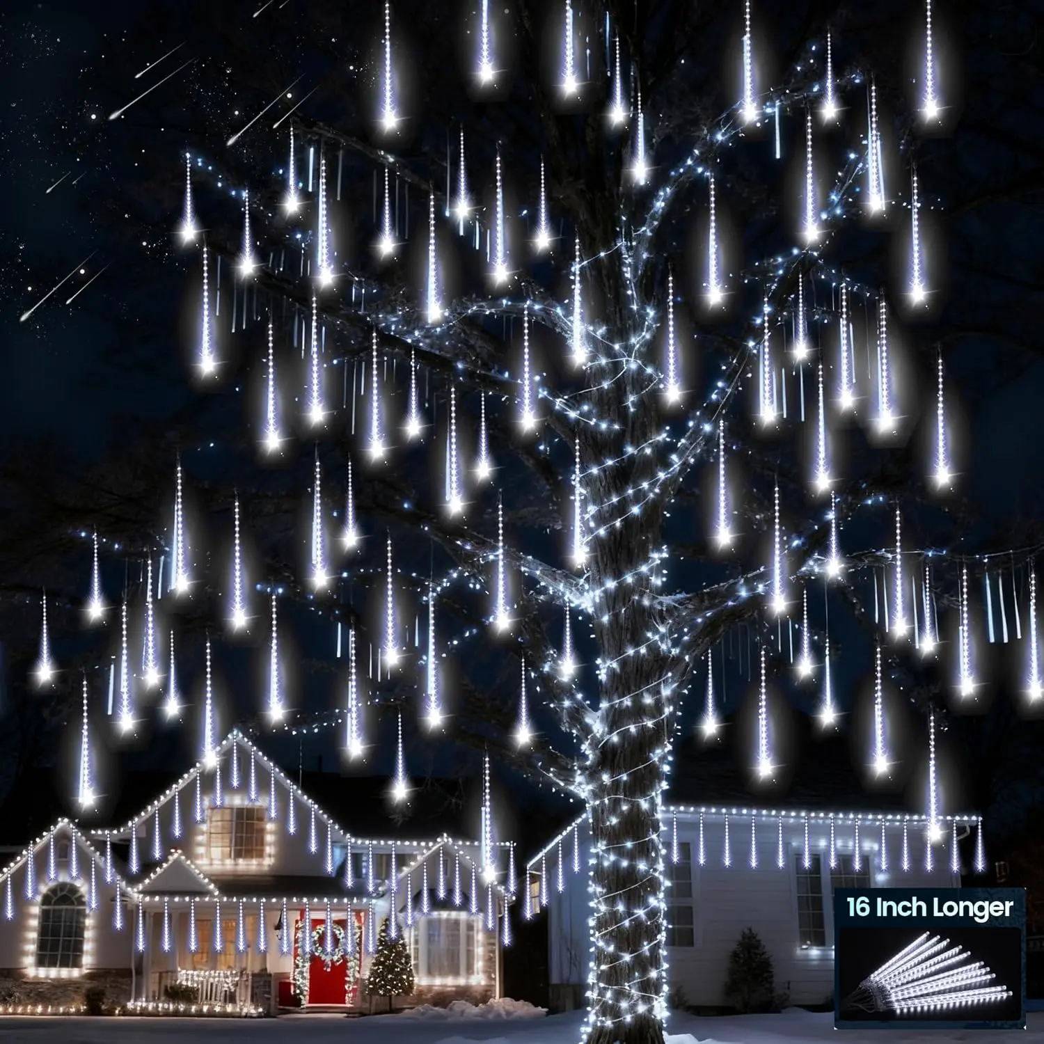 Christmas Lights Outdoor Meteor Shower Lights White 16 Inch 10 Tubes 360 LED Falling Rain Light Waterproof Snowfall Dripping Icicle Light for Xmas Tree Holiday Decoration Yard Porch Patio