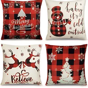 4pcs Set of 18x18 Inch Christmas Throw Pillow Covers, Winter Holiday Cushion Case Decoration, Snowman&Christmas tree Designs, ZipperClosure, Linen, Merry Christmas Decor Accessory 2025 for Home, Couch, Sofa, Living Room - No Inserts Included Seasonal