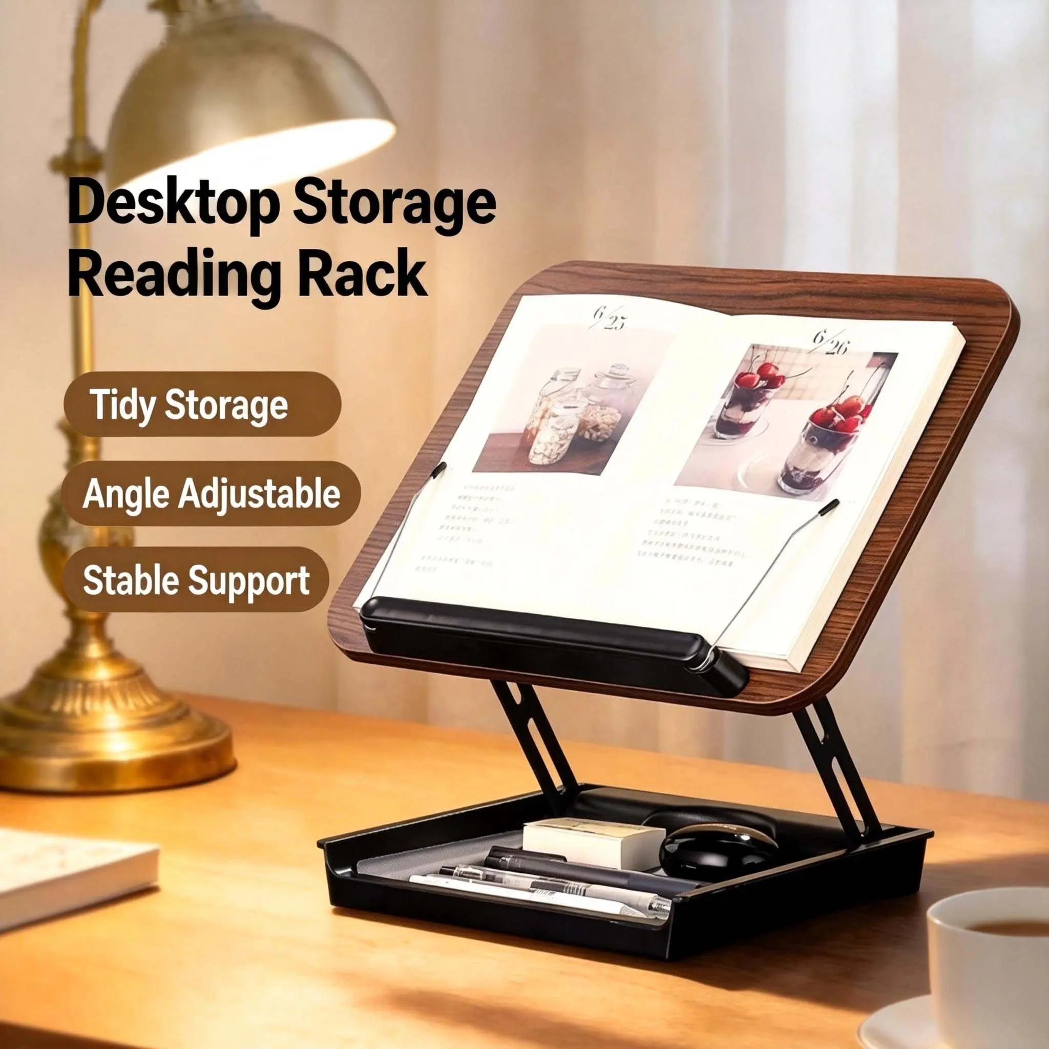 Adjustable & Foldable Eco Wood Book & Tablet Holder (Walnut Finish, 300 × 240 Mm) - Office Desk Organizer with Hidden Compartment, Page Clips, Built-in Storage Base, Non-Slip Base, Ergonomic Design for Working, Desk Decor, Cookbook Reading, Home Office