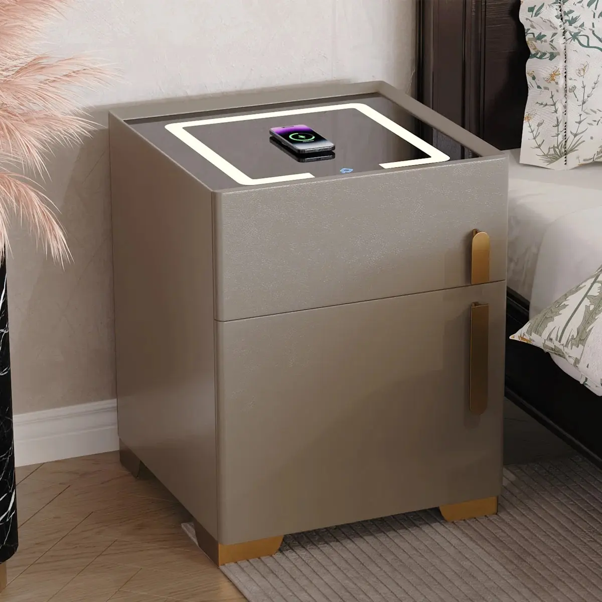 Modern Bedside Table Smart Nightstand - Pine Indoor Furniture with Built-in Safe, Wireless Charging, USB Port, Tri-Color LED Lights, Bluetooth Speaker for Bedroom