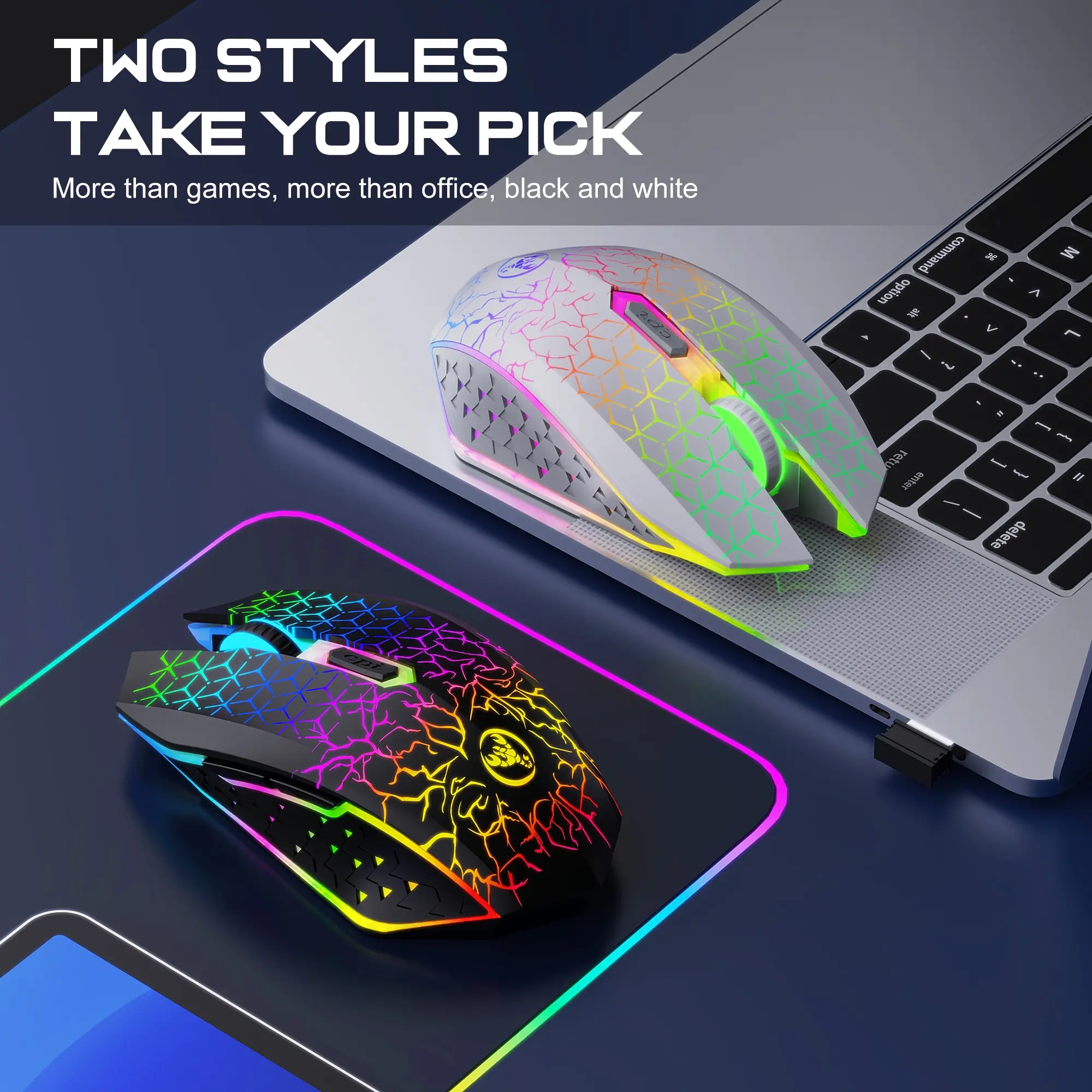 Dual Wireless Mouse RGB Backlit Mute Button Ergonomic Design, Rechargeable Gaming Mouse for Laptop, Right Hand Orientation, Computer Peripherals