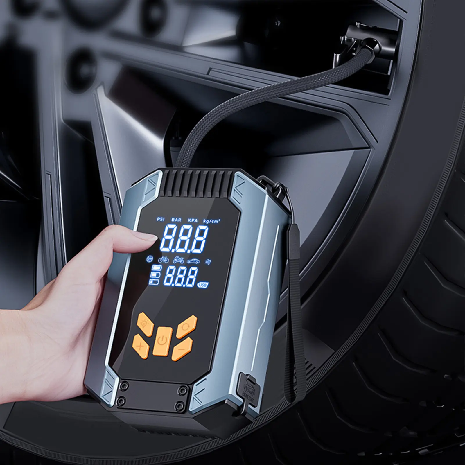 Portable Cordless Tire Inflator for Car/Motorcycle, 150PSI Automatic Auto Shutoff, 7.4V 6000mAh Electric Pump with ABS+Metal Build, Pressure Gauge, Bright LED Light, Compact Design, 1x Charging Cable for On-Road Fix