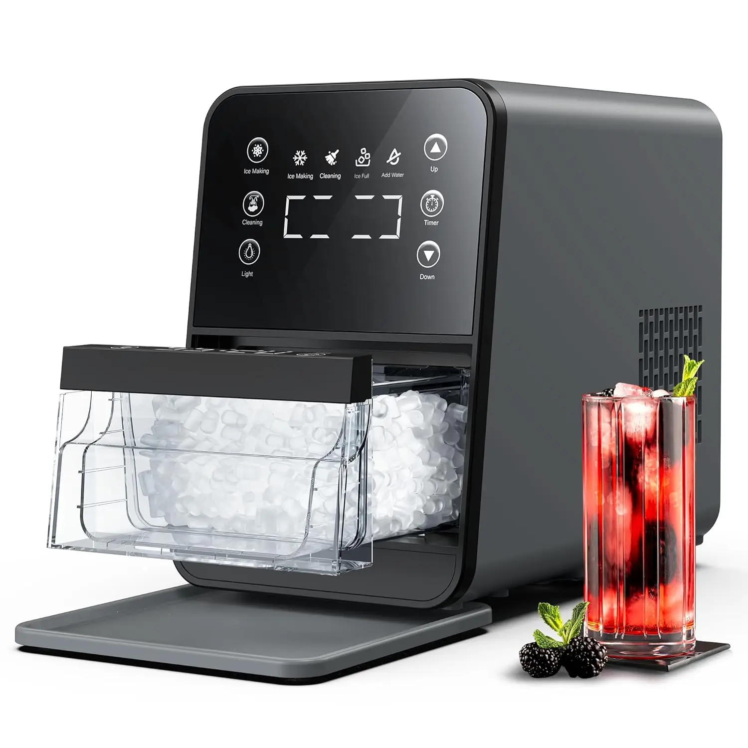 ecozy Nugget Ice Maker Countertop with Intuitive Ergonomic EcoScreen One-Touch Timer 33Lbs/24H Pull-Out Basket 3Lbs Storage Self-Cleaning Ice Machine