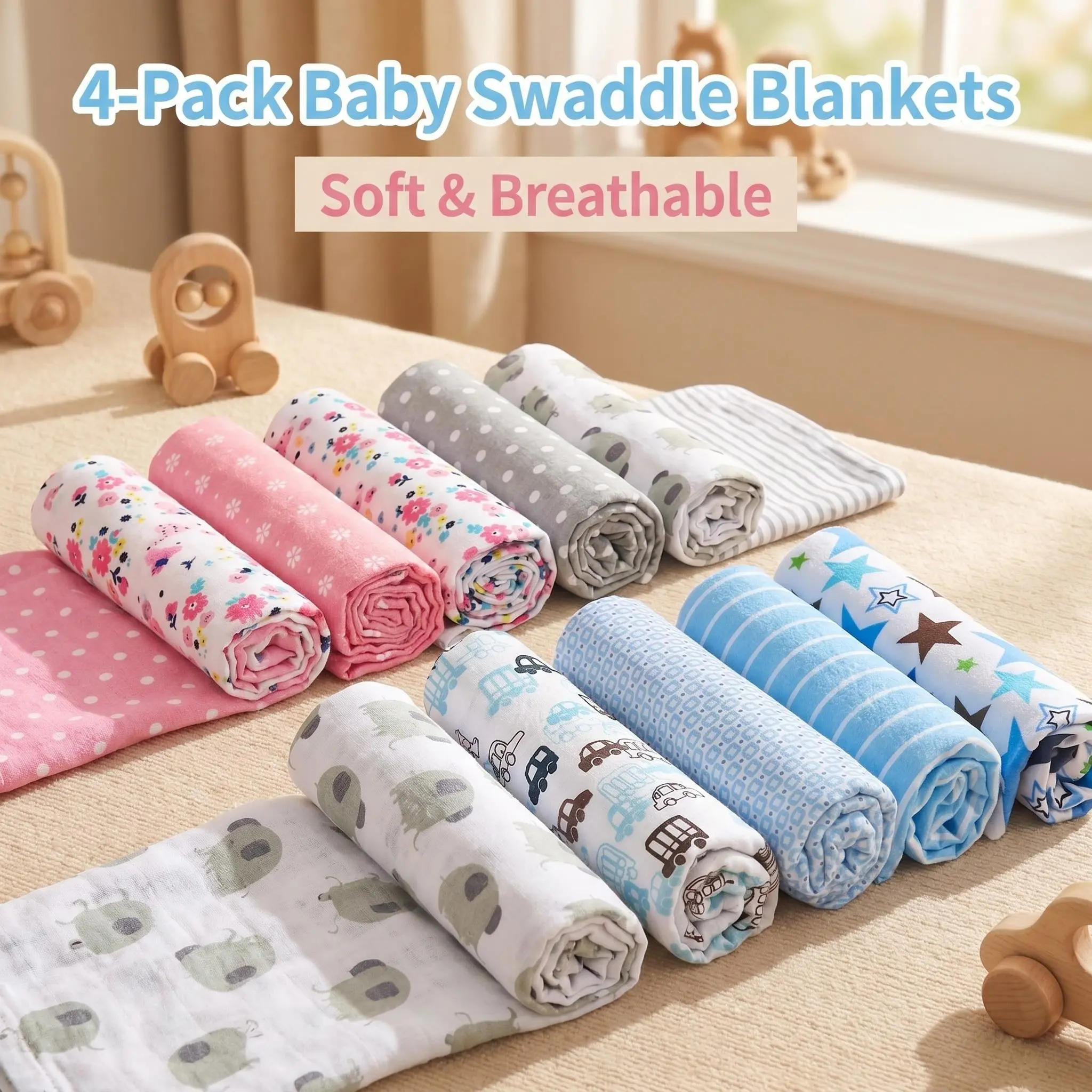 4pcs Cute Print Soft Breathable Lightweight Wrap Blanket, Multifunctional Baby Bath Towel, Newborn Towels, Newborn Bath Essentials, Perfect Gift for Newborns, Boys and Girls