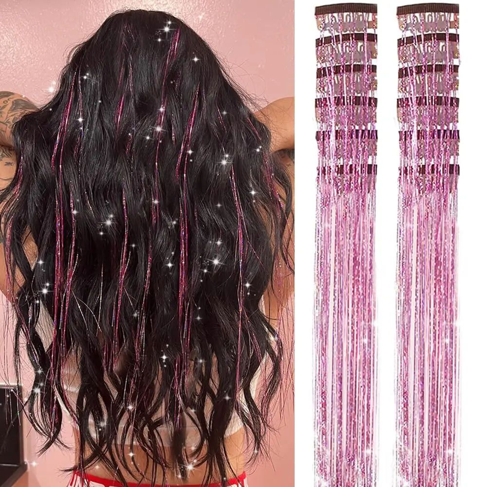 Clip-in Hair Tinsel Pack of 12 Pcs 20 Inch Colorful Glitter Pink Tinsel Hair Extensions for Women Girls Kids Christmas Festival Dazzle Hair Accessories Strands Kit with Metal Clip Design for 4th of July Deals for You Days Summerwins