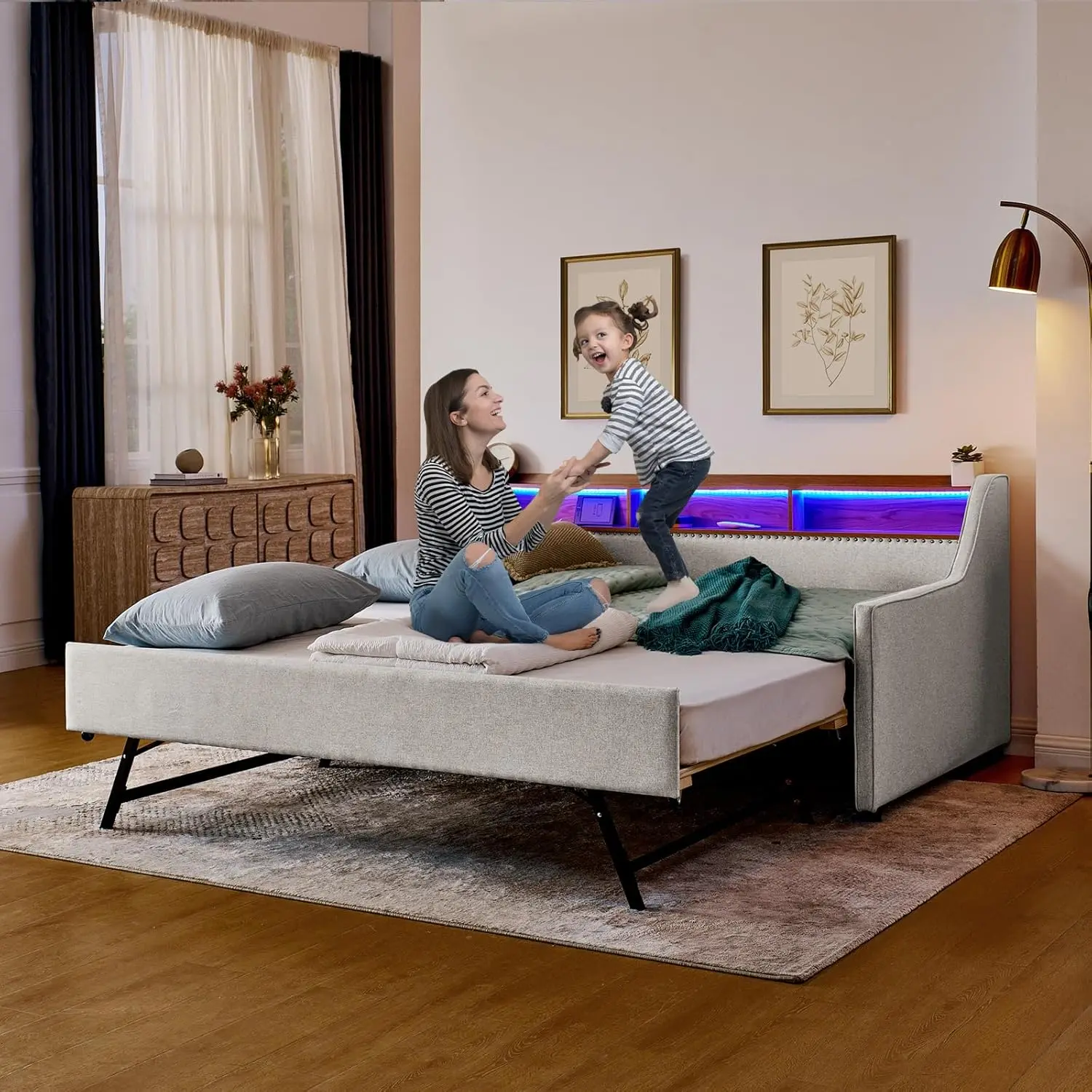 Linen Upholstered Twin Daybed with Pop-Up Trundle - Twin-to-King Pull-Out Bed, USB & Wireless Charging Station, LED Lights, Wooden Frame, Plastic Accents, Glam Design for Living Room, Office, No Box Spring Needed (Beige)