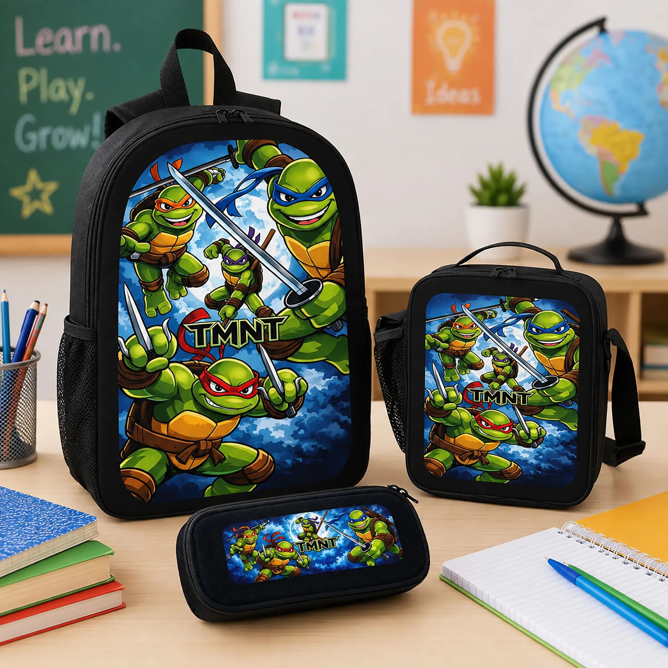 Teenage Mutant Ninja Turtles TMNT Backpack Set Durable Polyester 3 Piece School Bag Lunch Bag Pencil Case Large Capacity Lightweight Bookbag For Elementary School Daycare Travel Boys Girls Kids Teens Students Turtle Fans Gift