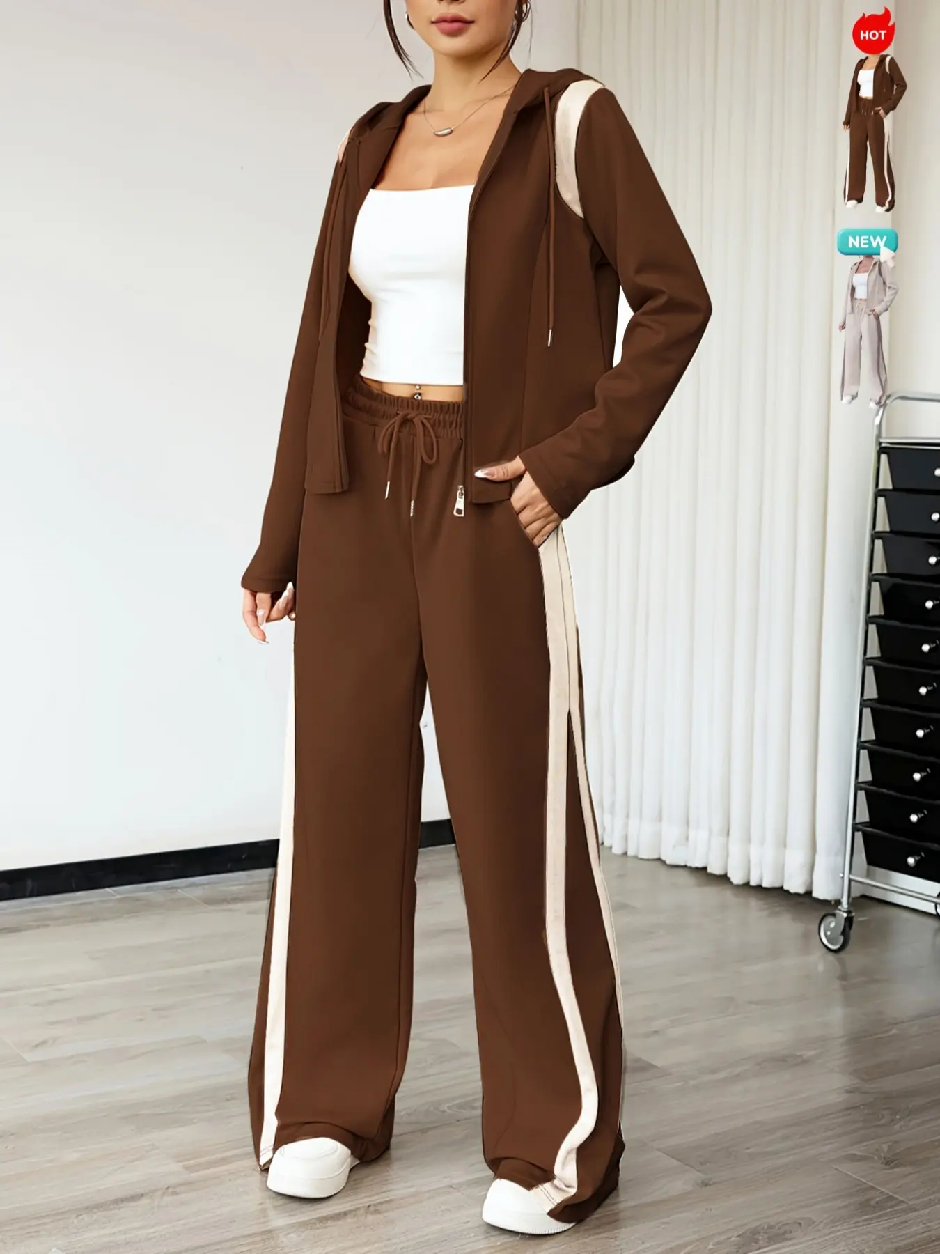 Women's Two-Piece Set Hooded Long Sleeve Jacket & Wide-Leg Pants, Comfortable Slim-Fitting Casual, Stylish Patchwork Design Outfits