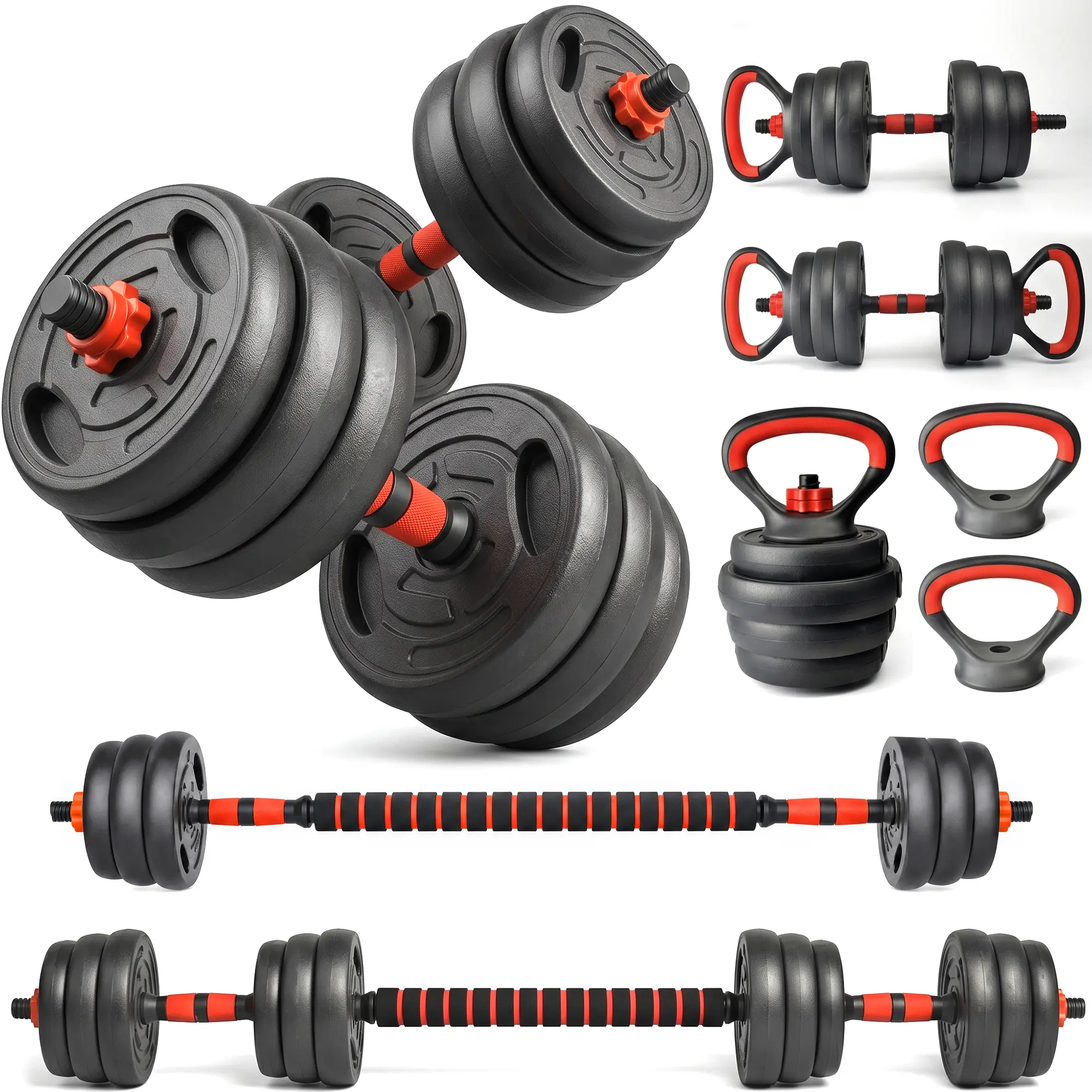 Home Gym 66LB 5-in-1 Adjustable Convertible Weight Set Dumbbell Barbell Kettlebell Push Up Stand, Dual Lock Prevent Plate Falling Odorless Floor Friendly PE Plates Non Slip  Space Saving Storage Suit Small Apartment Family Full Body Muscle Building