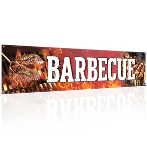 Barbecue Banner, BBQ Sign with Grilled Steak & Flame Design, Large Vinyl Banner with Grommets for Outdoor Grill Party, Backyard BBQ, Food Truck, Restaurant Business Promotion, Weatherproof & Durable