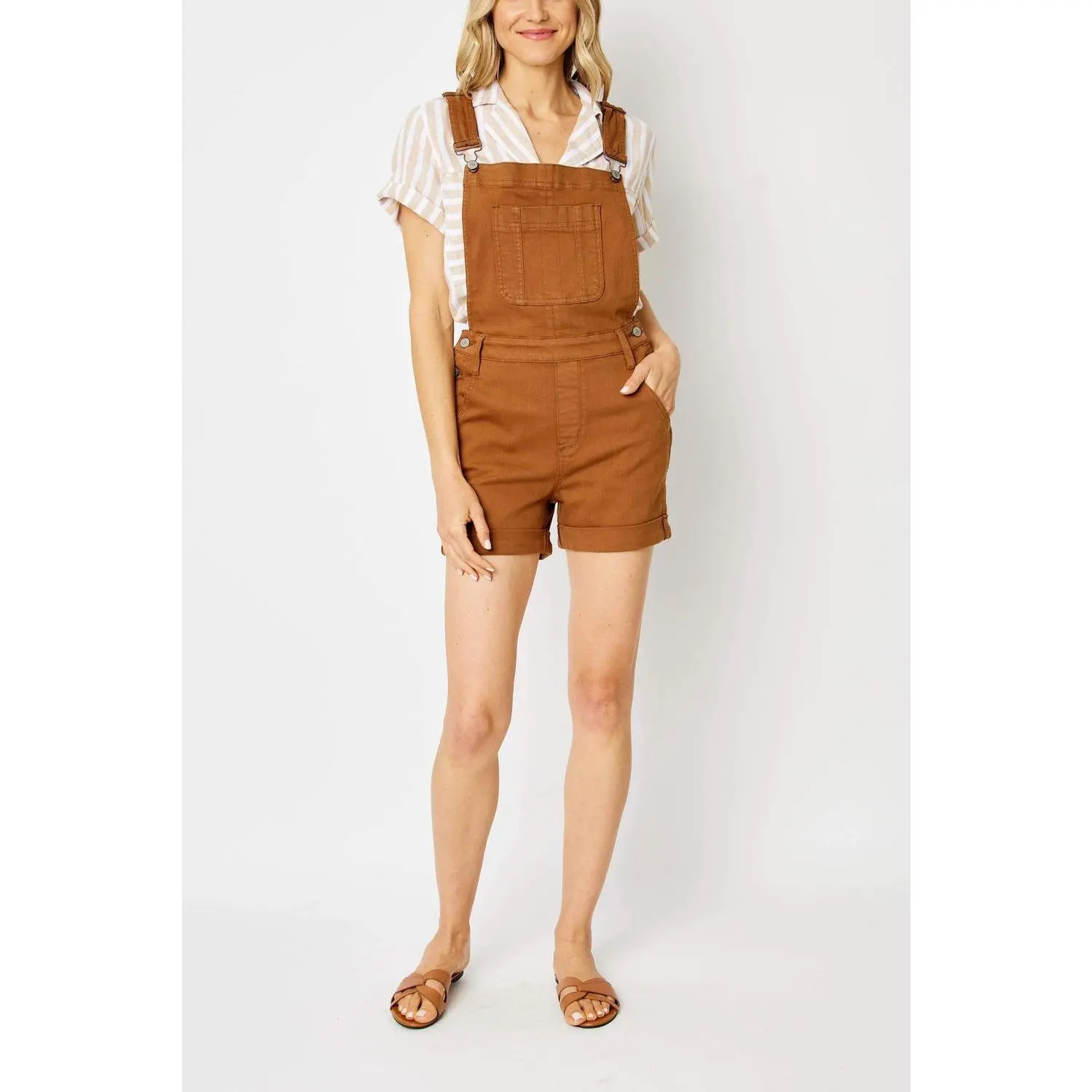 Judy Blue Women's High Waist Overall Shorts, Strappy Sleeveless Style in Soft Distressed Stretchy Spandex Denim with a Cuffed Hem, Fit, Adjustable, Casual