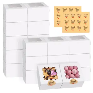 24pcs Cookie Boxes, 4x4x2.5 Inches Bakery Box with Window, Mini Cake, Treat, Dessert, Pastry for Donuts Macaroon Chocolate Candy (with Stickers)
