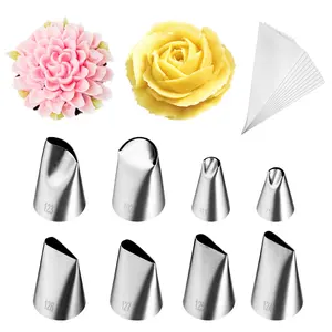 8 Pcs Rose Flower Piping Tips Set,Petal Icing Tips with 10 Pcs Disposable Piping Bags for Cake Decorating Bakeware Stainless Bake Icing Piping Washable Reusable