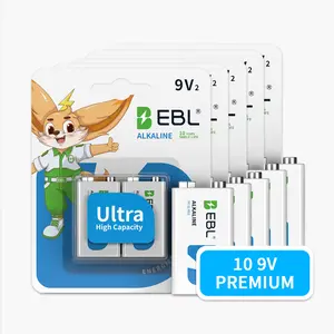 EBL 9V Batteries 10-Pack (5 x 2-Packs), Long-Lasting Alkaline Power for Smoke Detectors & Devices, 10-Year Shelf Life