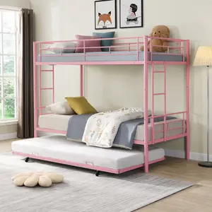 Twin Over Twin Bunk Bed with Trundle, Convertible Metal Bunkbeds with 2 Ladders and Guardrails, Space Saving, No Box Spring, Black/White/Pink/ Silver