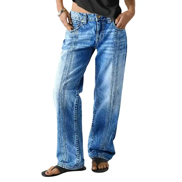 Flamingals Stitch Detail Mid Waist Straight Leg Jeans Womenswear Stretchy 30.5" Inseam