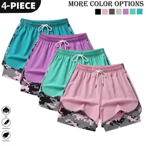 4-piece women's casual sports shorts series - quick drying daily shorts with zippered pockets, drawstring waist camouflage print, suitable for gym, jogging, lounge - essential women's style sports shorts for Mother's Day wardrobeRAIMENTRY