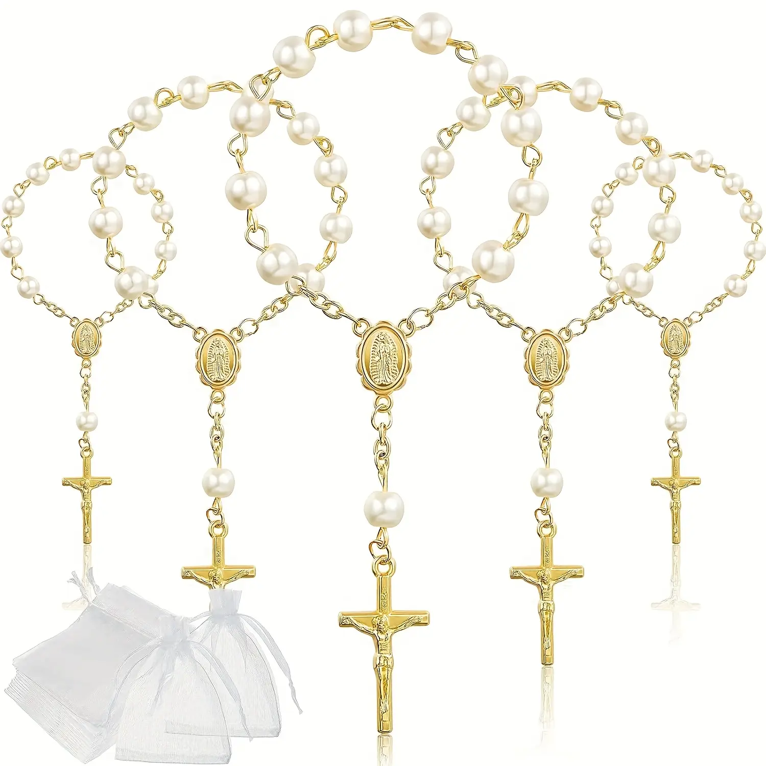 30 Pieces Mini Metal Cross Design Rosaries - Acrylic Ivory Faux Pearls, Gold Crosses, Organza Bags - Religious Supplies for Christening Baptism Party Favors Decor Gifts Lightweight Home Festive Ornaments