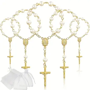 30 Pieces Mini Metal Cross Design Rosaries - Acrylic Ivory Faux Pearls, Gold Crosses, Organza Bags - Religious Supplies for Christening Baptism Party Favors Decor Gifts Lightweight Home Festive Ornaments