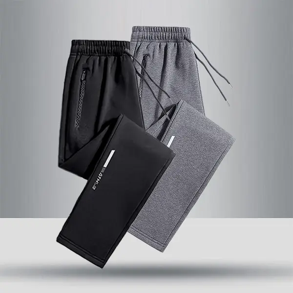 Men's Athletic Pants 2-Pack, Sporty Chic Straight-Leg Trousers in Polyester Knit with Plain Finish, Mid Waist Sweat-Wicking Design with Zip Pockets and Side Logos, Mid Waist Pants, Moisture Wick, Basic, Black+Blue, Blue+Dark Gray, Multi-Size, Knitting