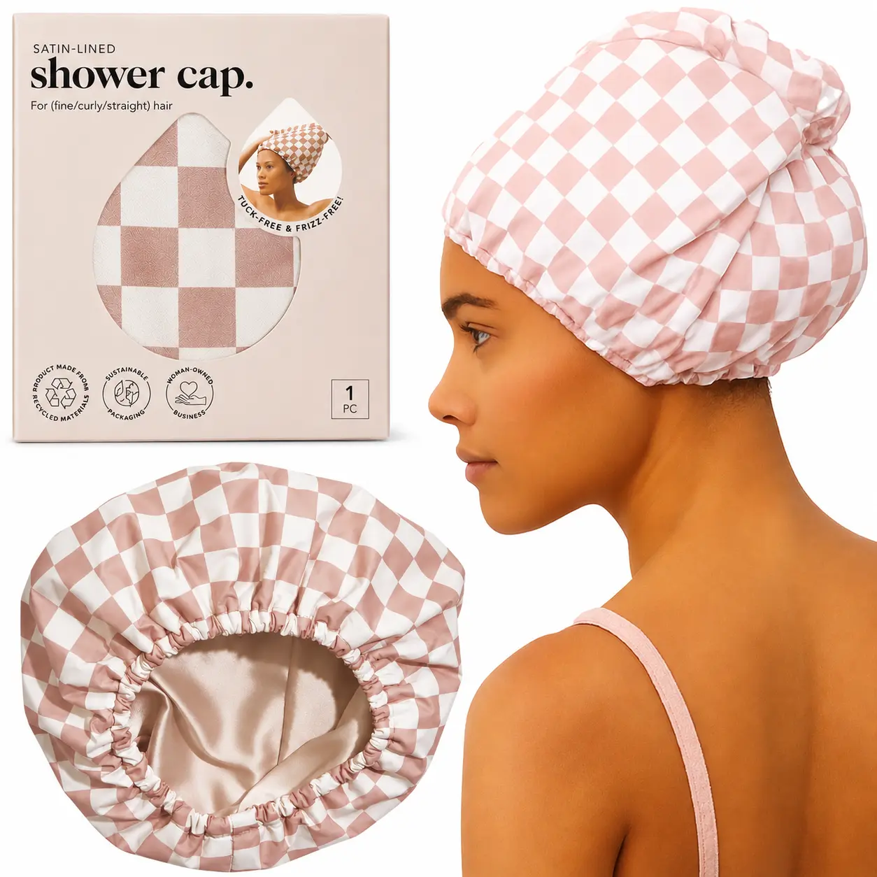 Luxury Satin-Lined Shower Cap for Women - Terracotta Checker | Shower Caps for Women Reusable Waterproof - Non-slip, Comfortable Quick-dry Hair Shower Cap for All Hair Types