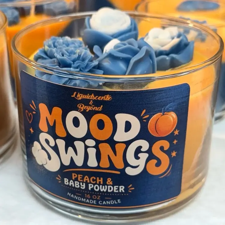 Liquidscents & Beyond Mood Swings Peach & Baby Powder 16 oz Handmade Candle with Blue Floral Design