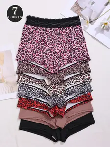 Women's Leopard Print Comfortable Lace Patchwork Briefs, 7 Piece Set, Soft and Breathable Underwear, Stylish and Discreet Design, Lace Trim Panty, Soft Breathable Knicker