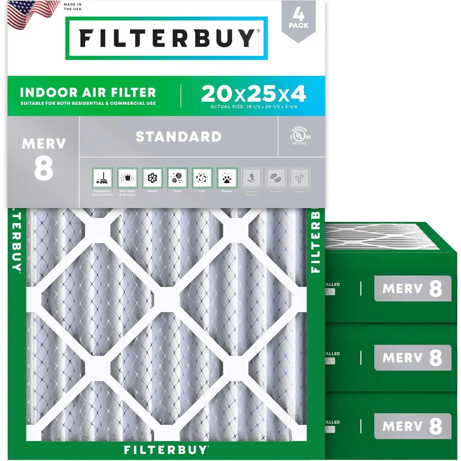 Filterbuy New 20x25x4 Home Synthetic Replacement Air Filter (4-Pack) - Pleated MERV 8 Dust Defense HVAC AC Furnace Filters, Moisture-Resistant, Actual Size:19.50x24.50x3.63 in, Withstands Moisture, 4-Pack Value