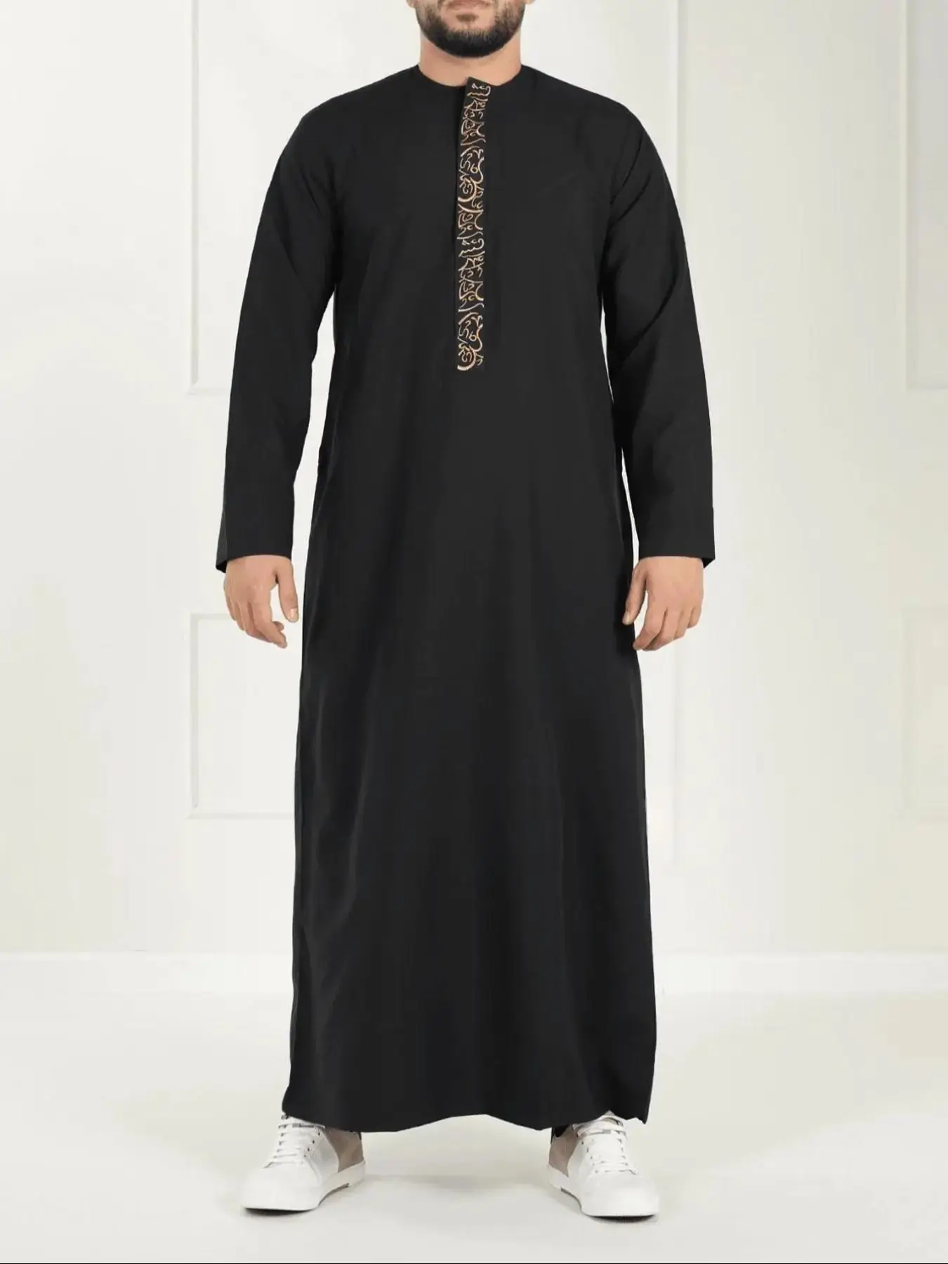 Men's Ethnic Pattern Embroidery Drop Shoulder Robe, Regular Fit Long Sleeve Stand Collar Robe, Fashion Muslim Clothing for All Seasons