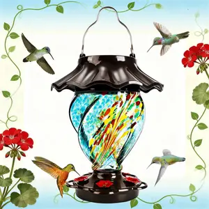 LUJII Solar Powered Hummingbird Feeder for Outside, Hand Blown Glass, 35 fl.oz, Never Leak, Waterproof, Metal Base Top, Lighted Lantern for Garden Decoration, Unique Gift for Bird Lovers