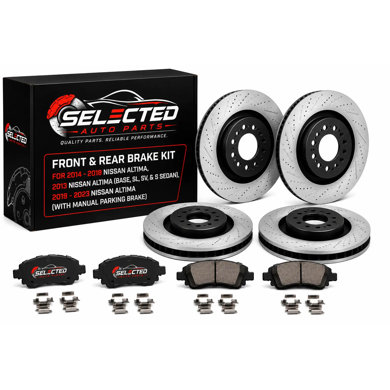 Front & Rear Brake Kit for 2013–2023 Nissan Altima – Ceramic Brake Pads with Hollow Drilled & Slotted Rotors (Base, S, SV, SL Models), Corrosion-Resistant Rotor Coating, 1 Kit, Direct Fit, Stopping Power